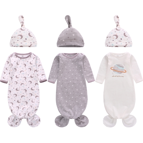 新生兒打結睡衣長袖帶配套帽子套裝 3 件裝，棉質嬰兒睡衣睡袋家居服套裝帶手套袖口